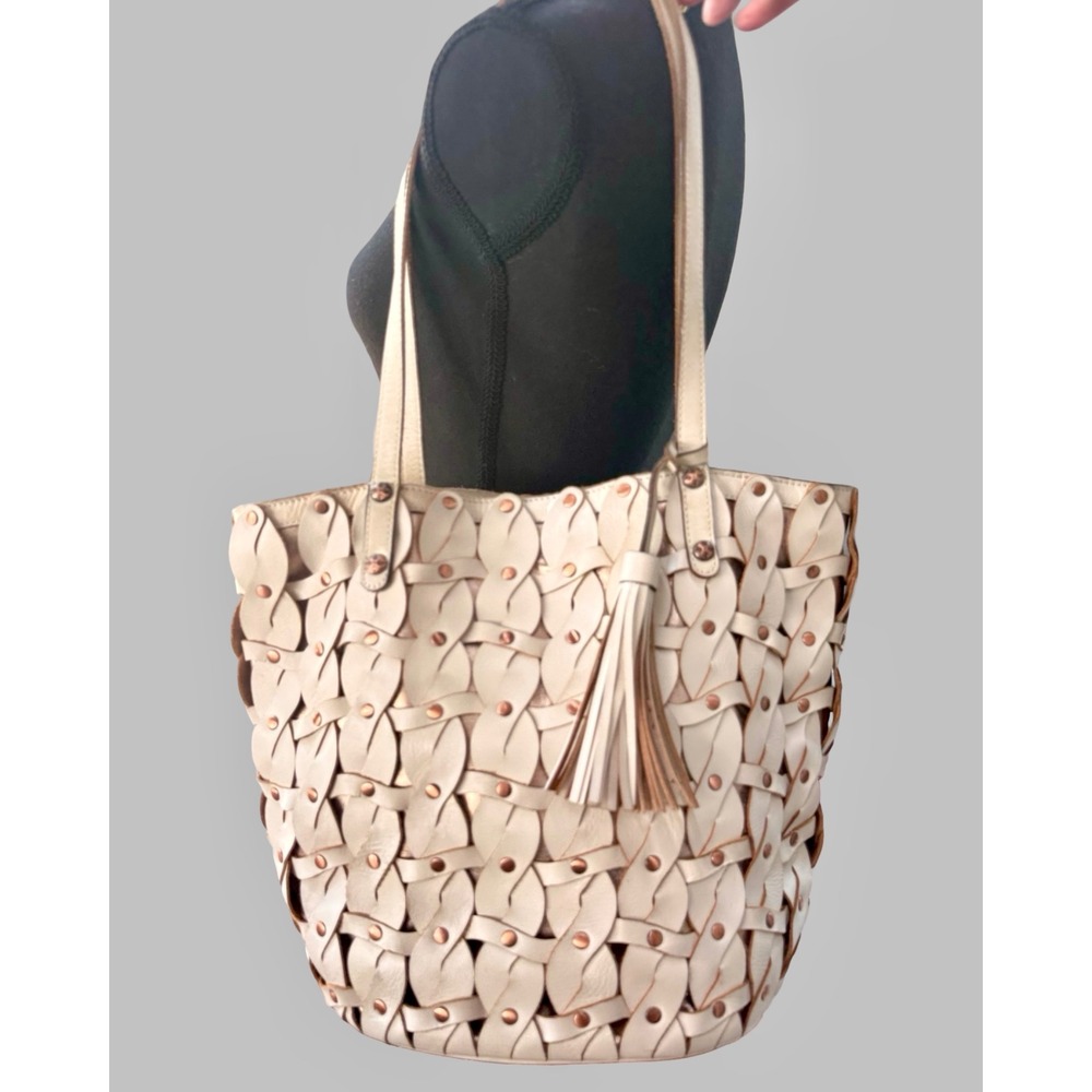 Patricia Nash Mizanna Ivory Leather Woven Tote Rose Gold Lining Tassel